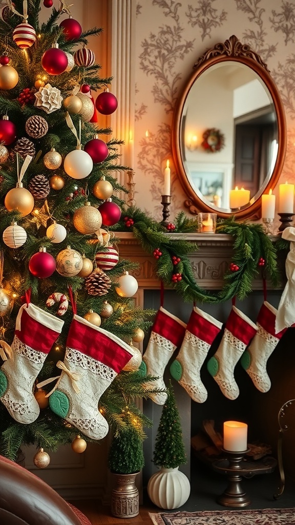 Victorian-style Christmas decorations including a tree with vintage ornaments, lace stockings, and a pinecone garland.